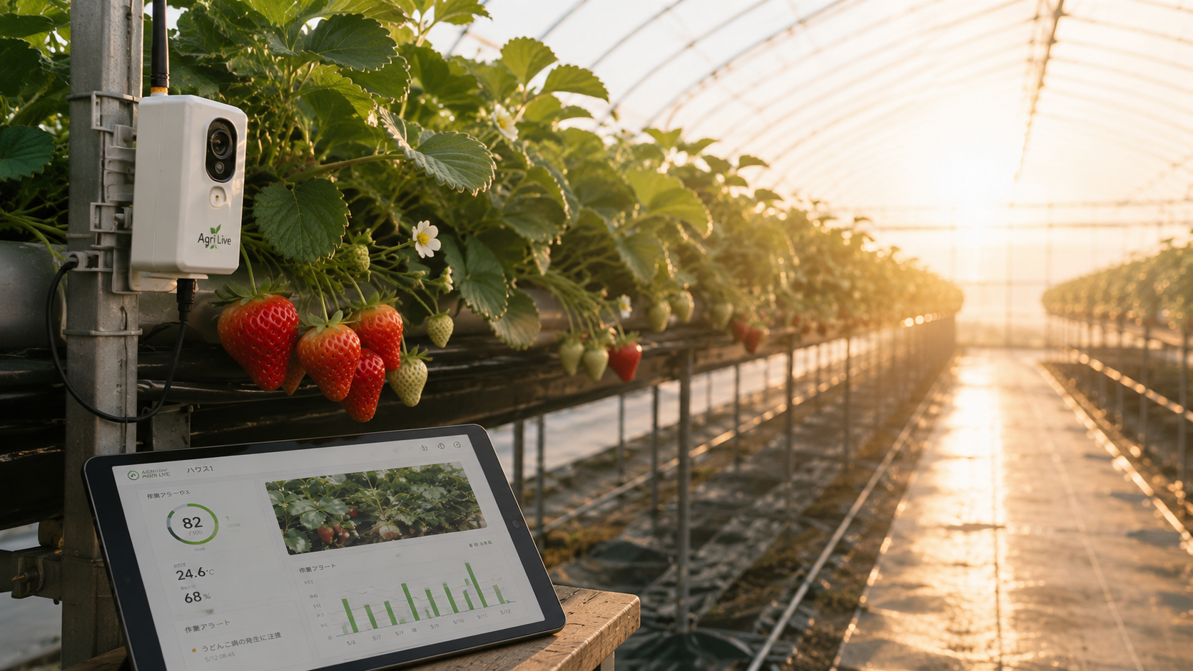 ハウスに設置したAgriLiveセンサーと生育データ